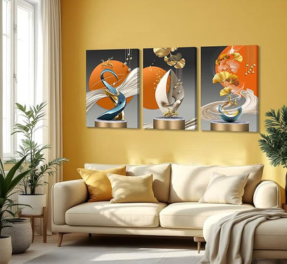3pcs Modern Abstract Canvas Wall Art Golden Deer Ginkgo Leaf Luxury Foil Lines Wall Decor Pictures White Blue Orange Color Posters Prints Paintings for Living Room Bedroom Office Home Decoration