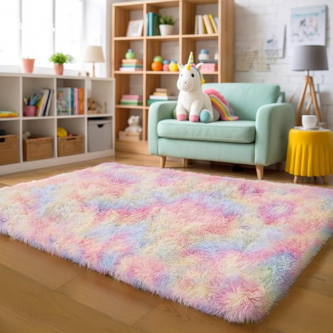 KICHOWUA Thick Area Rug 6x9 Unicorn Fluffy Shag for Girls Bedroom Living Room, Rainbow Soft Plush Fuzzy Washable Thickened Non-Slip Shaggy Pastel Large Carpet for Princess Kids Nursery Boys Dorm Room