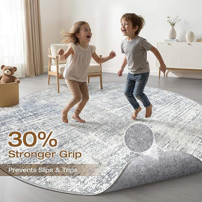 7ft Round Rug Living Room: 7x7 Washable Large Neutral Blue Circle Area Rug Abstract Soft Modern Stain Resistant Indoor Floor Non-Slip Carpet for Bedroom Nursery Kids Office Playroom Dining Room