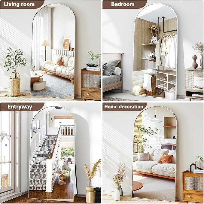 Easly 46"x76" Arched Full-Length Mirror, Oversized Floor Mirror with Stand, Freestanding or Wall-Mounted Full Body Mirror for Living Room, Bedroom, or Cloakroom, Silver