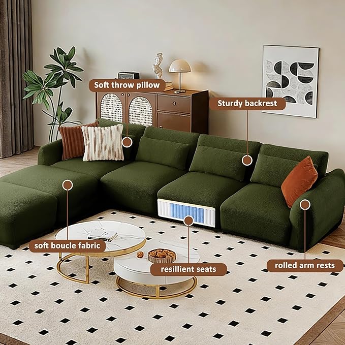 U Shaped Cloud Sectional, Convertible L Shaped Couch with Removable Ottomans,Modular Cloud Couch Sectional for Living Room(4 Set + 2 Ottomans - Green)