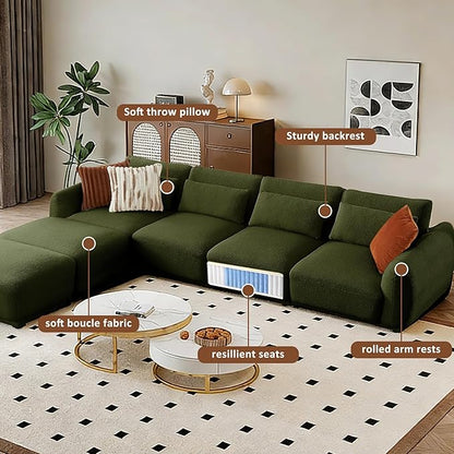 U Shaped Cloud Sectional, Convertible L Shaped Couch with Removable Ottomans,Modular Cloud Couch Sectional for Living Room(4 Set + 2 Ottomans - Green)