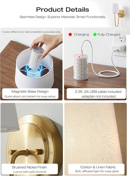 CLOUDY BAY 10000mAh Battery Operated Wall Sconces,Up to 100 Hours with Rechargeable RGB Dimmable Magnetic Bulb,Cordless Wall Lighting Fixtures with Remote for Bedroom,Soft Gold,2 Pack-15.4in