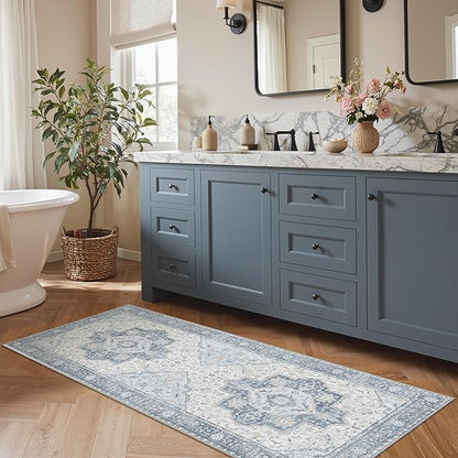 GENIMO Runner Rug 2'x5' Machine Washable Non Slip Vintage Hallway Runner Rug, Low Pile Lightweight Rugs for Indoor Entryway, Hallway, Kitchen and Corridor, Light Blue Beige