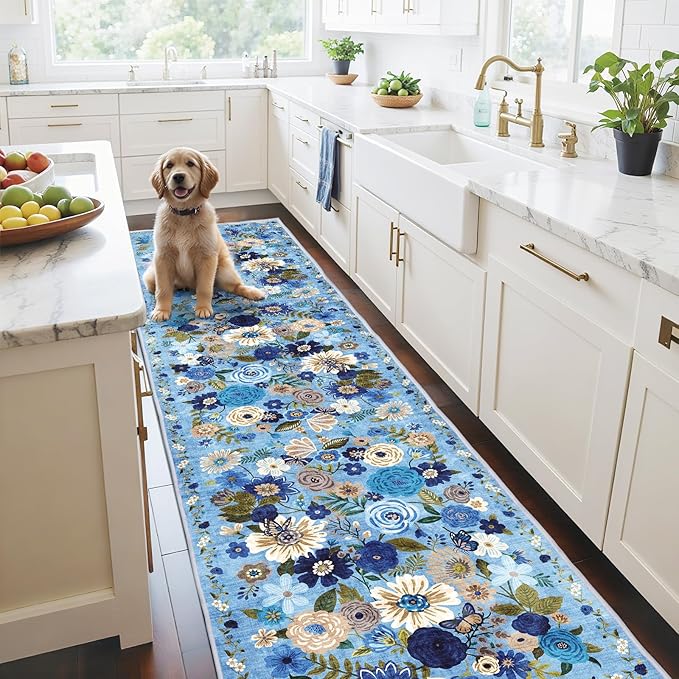 Floral Hallway Runner Carpet Non-Slip, 2x10 Washable Rug Ultra-Thin Soft for Hallways, Kitchen Mat Stain Resistant for Entryway Bathroom, Blue Garden