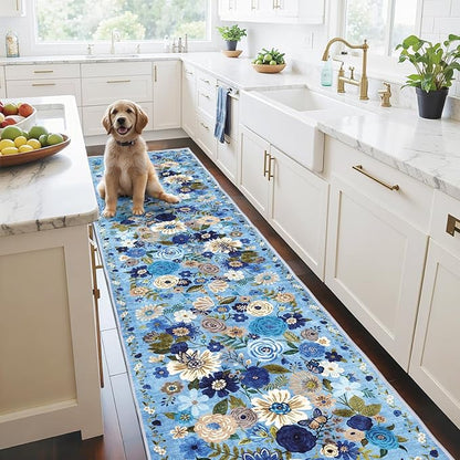 Floral Hallway Runner Carpet Non-Slip, 2x10 Washable Rug Ultra-Thin Soft for Hallways, Kitchen Mat Stain Resistant for Entryway Bathroom, Blue Garden