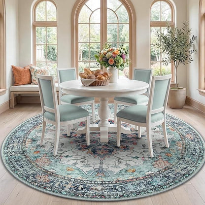 RELEANY Area Rugs Round 7ft Washable Non-Slip, Floral Vintage Distress Print Pattern Medallion Carpet for Living Room Bedroom Dining Room, Green Navy Blue White Red Teal Colorful