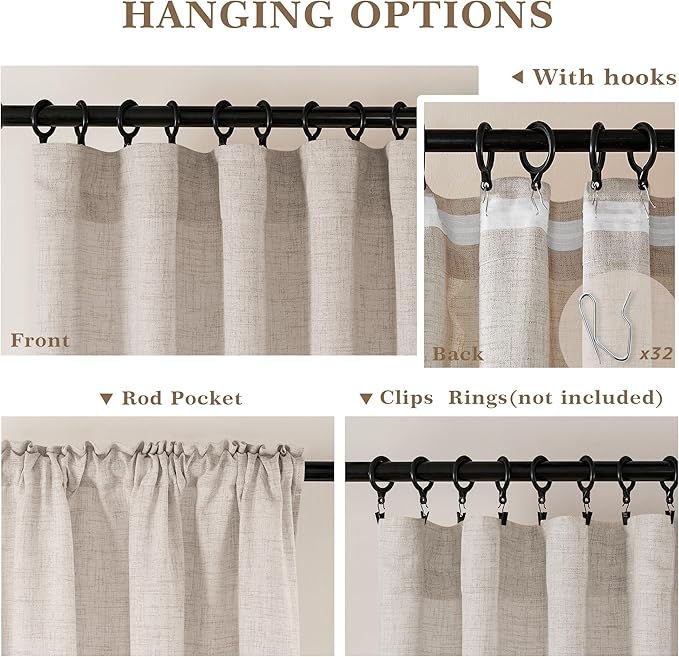 Linen Curtains 63 Inch Length Semi Sheer Flax Linen Textured, Small Drapes for Farmhouse Kitchen Bedroom Apartment, Light Reducing Privacy Curtain Rod Pocket Hook Belt 63 Inches Long 2 Panels