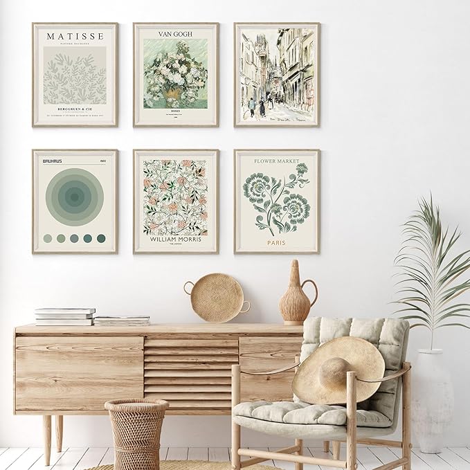 Habseligkeit Sage Green Master Wall Art Prints, Abstract Matisse Wall Art Exhibition Posters, Vintage Art Prints, Retro Room Decor for Bedroom Aesthetic Framed, 8x10in, Set of 6