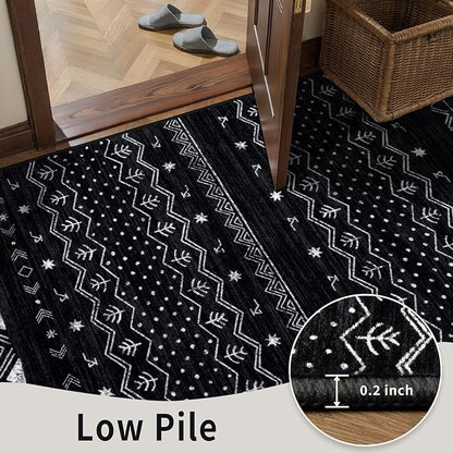 SERISSA Hallway Runner Rug, 2'6"x8' Washable Non-Slip Black and White Boho Rug, Soft Low-Pile Geometric Indoor Long Carpet for Kitchen Laundry Room Bathroom Bedroom Entryway