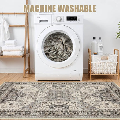 Area Rug for Living Room - 10x14 Soft Machine Washable Oriental Vintage Floral Distressed Large Indoor Floor Carpet for Bedroom Under Dining Table Home Office Decor - Brown