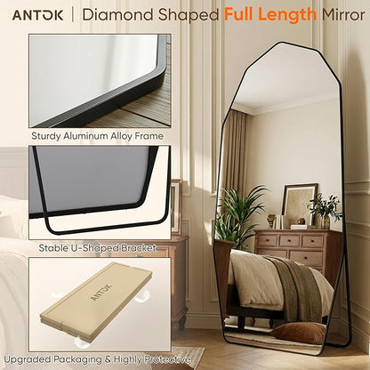 Antok Full Length Mirror, 71"x28" Floor Mirror, Free Standing Wall Mounted or Leaning Full Body Mirror with Aluminum Alloy Frame, Diamond Irregular for Bedroom Entryway Cloakroom, Black