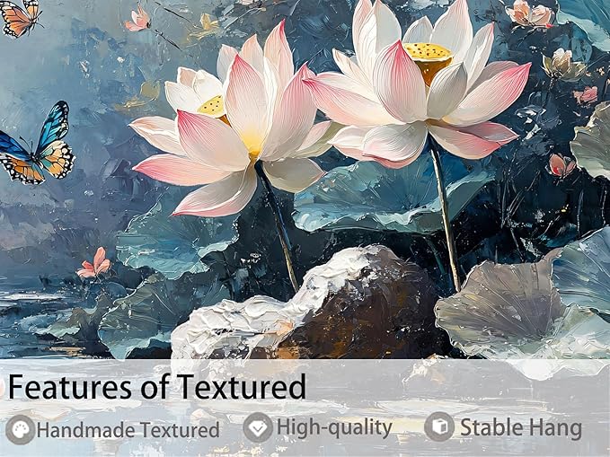 Ardemy Lotus Flower Wall Art for Living Room Butterfly Canvas Art Wall Decor, Floral Painting Textured Large Framed Picture Artwork Bedroom Kitchen Dining Home Office 48"x24"