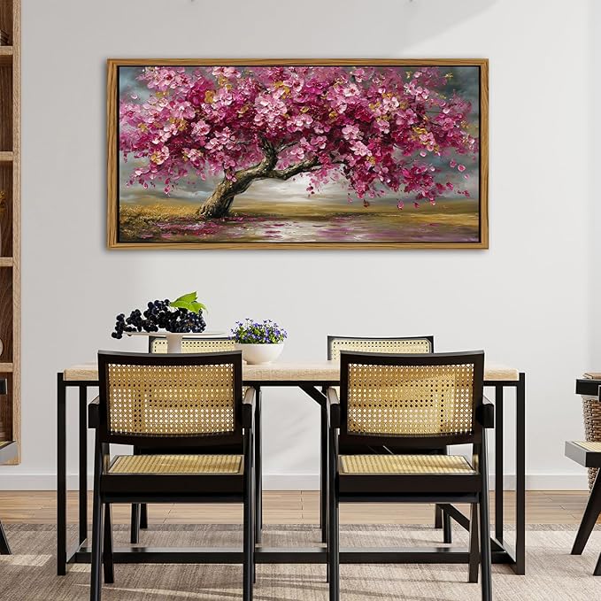 Large Tree of Life Wall Art Vintage Pink Flower Framed Wall Decor for Living Room Abstract Landscape Painting Canvas Prints Retro Nature Texture Picture Bedroom Kitchen Corridor Home Decoration 35x70