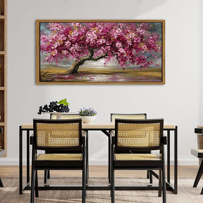 Large Tree of Life Wall Art Vintage Pink Flower Framed Wall Decor for Living Room Abstract Landscape Painting Canvas Prints Retro Nature Texture Picture Bedroom Kitchen Corridor Home Decoration 35x70
