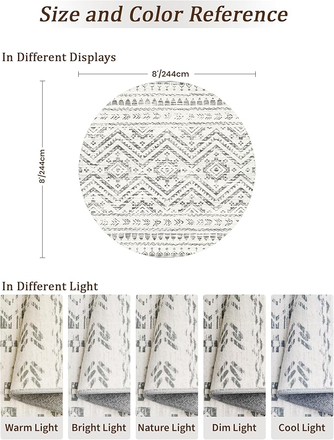 Miukiki Round Rugs 8ft Washable Moroccan Circle Rug for Living Room Non Slip Indoor Floor Carpet Foldable Area Rug for Dining Room with Low Pile(Grey,8'x8')