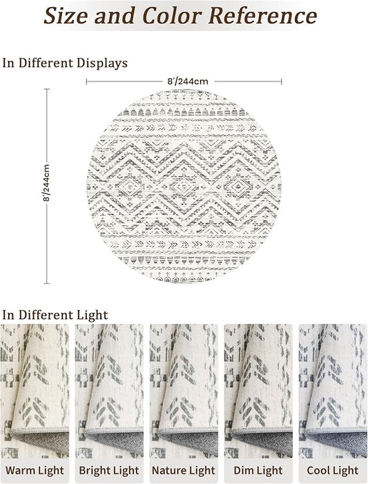 Miukiki Round Rugs 8ft Washable Moroccan Circle Rug for Living Room Non Slip Indoor Floor Carpet Foldable Area Rug for Dining Room with Low Pile(Grey,8'x8')