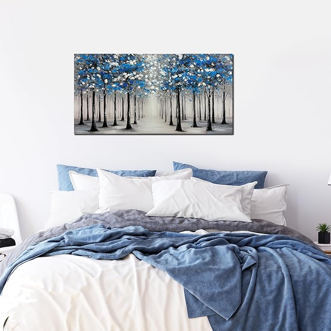 Trogonup Large Forest Wall Art for Living Room Blue and White Trees Landscape Painting Modern Textured Oil Painting for Bedroom Office Home Decor 20x40 Inch