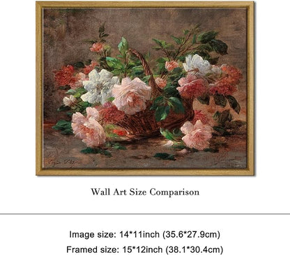 Pyradecor Vintage Retro Framed Wall Art A Basket with Roses Canvas Prints Classical Floral Painting Artwork for Kitchen Decor Farm House Office Decorations