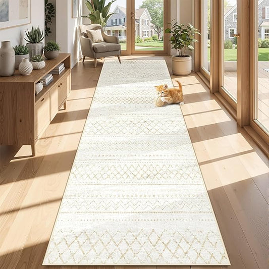 Runner Rug 2x8 Boho Geometric Area Rugs: Washable Kitchen Rug, Soft Non Slip Moroccan Long Hallway Rugs for Bedroom Bathroom Laundry Entryway Staircase Foyer(Beige,2X8)