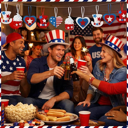 Soulchen 12 Pcs Red Blue White Ornaments Patriotic Fabric Hanging Ornaments 4th of July Stuffed Heart Star Hat Ice Cream Decor for 250th Anniversary Memorial Independence Day Farmhouse Party