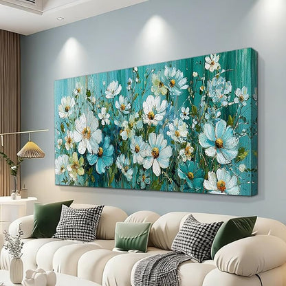 BQVCT White Daisy Floral Wall Art 20x40 Inch Large Gallery Wrapped Canvas Print Turquoise Blue Botanical Painting on Textured Background Ready to Hang for Living Room Bedroom Office Decor