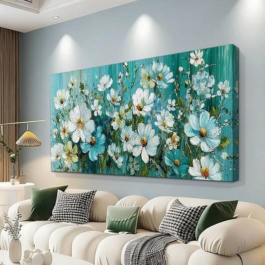 BQVCT White Daisy Floral Wall Art 20x40 Inch Large Gallery Wrapped Canvas Print Turquoise Blue Botanical Painting on Textured Background Ready to Hang for Living Room Bedroom Office Decor
