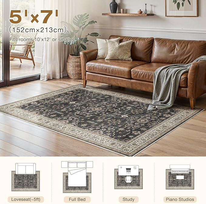 Area Rug for Living Room - 5x7 Soft Washable Oriental Vintage Floral Distressed Large Carpet - Fade Stain Resistant Non Slip Rugs for Bedroom Dining Room Nursery Dorm Office Home Decor - Black