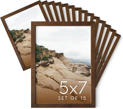 Haus and Hues 5x7 Walnut Oak Wood Photo Frame Set of 15 - Mini Picture Frames Bulk Gallery Set - Premium Bulk Picture Frames 5x7 for Stylish Photo Gallery Wall Frame Set - Ideal for Home & Office