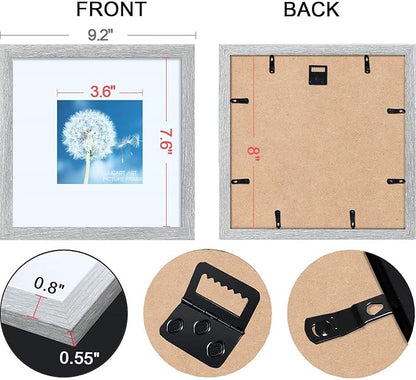 HEART ART 8x8 Picture Frame Set of 9, Display Pictures 4x4 with Mat or 8 x 8 without Mat, Multi Collage Gallery Square Photo Frames for Wall,Gray