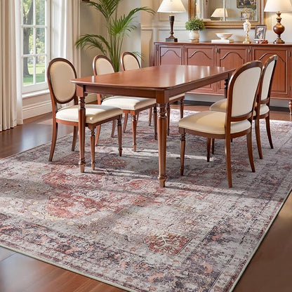 YOH Boho Washable Rug 6x9, Rust Red Vintage Non Slip Area Rug, Distressed Indoor Carpet for Living Room Bedroom Kitchen Office