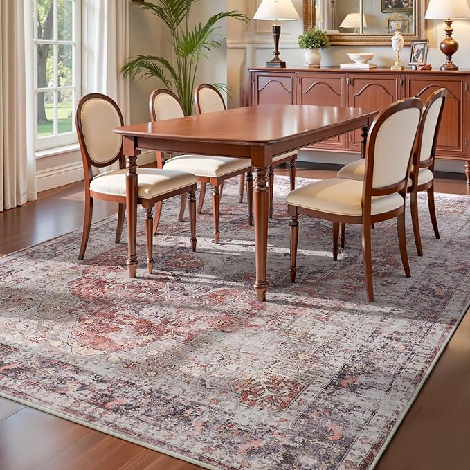 YOH Boho Washable Rug 4x6, Rust Red Vintage Non Slip Area Rug, Distressed Indoor Carpet for Living Room Bedroom Kitchen Office