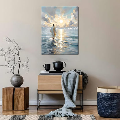 Jesus Canvas Wall Art, Christian Wall Decor of Jesus Walking on Water, Inspirational God Picture for Living Room, Prayer Room or Church, Catholic Religious Artwork – 16"x24" Framed