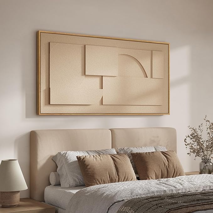 Large Framed 3D Neutral Abstract Wall Art for Living Room, Horizontal Modern Textured Paintings Artwork for Walls, Beige Geometric Pictures Wall Decor for Bedroom Dining Room Home Office, 60x30 In