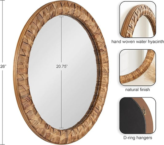 Kate and Laurel Laalima Boho Woven Round Mirror, 26 Inch Diameter, Rustic Brown, Decorative Circle Mirror with Authentic Water Hyacinth Frame for Coastal Mirror Decor