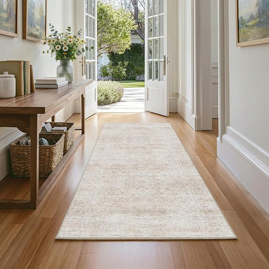 FMFUNCTEX 2x5 Runner Rug Beige Washable Vintage Neutral Distressed Oriental Non Slip Low Pile Indoor Carpet Retro Hallway Entryway Rug for Kitchen Laundry Bedroom Bathroom Entry Bedside Living Room