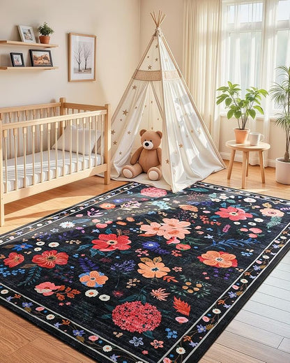 Macgace Black Floral Rug for Girls Bedroom, 4x6 Machine Washable Area Rugs with Non Slip Backingfor Living Room, Cute Flowers Carpet Kitchen Dining Room Kids Playroom Decor