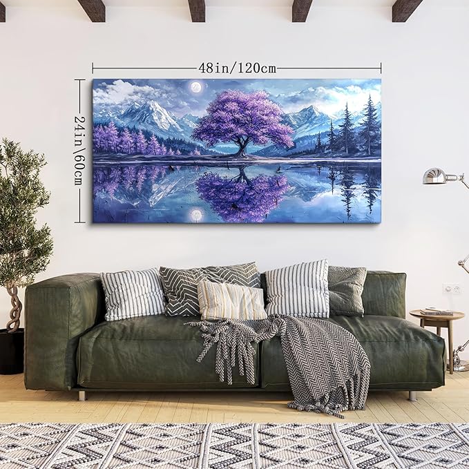 SERIMINO Tree of Life Large Wall Art for Living Room, Fantasy Landscape Canvas Prints, Snow Mountain Lake Pictures, Purple Tree Paintings Wall Decor for Bedroom, Office Decor 24"X48"