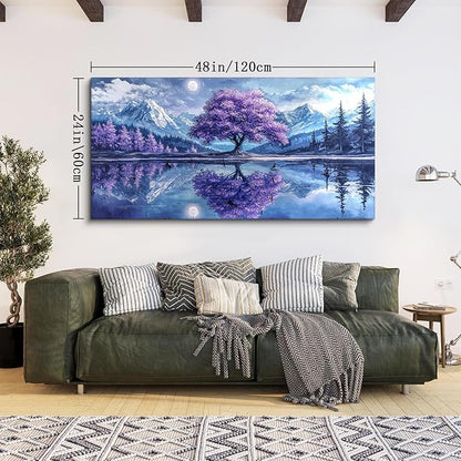 SERIMINO Tree of Life Large Wall Art for Living Room, Fantasy Landscape Canvas Prints, Snow Mountain Lake Pictures, Purple Tree Paintings Wall Decor for Bedroom, Office Decor 24"X48"
