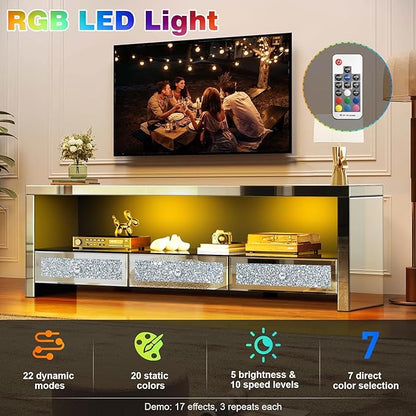 Silver Mirrored LED TV Stand with Crushed Diamond Drawers, Media Console Table with RGB LED Lights, Entertainment Center for TVs Up to 65 Inch, TV Cabinet with Storage Drawers for Living Room Bedroom