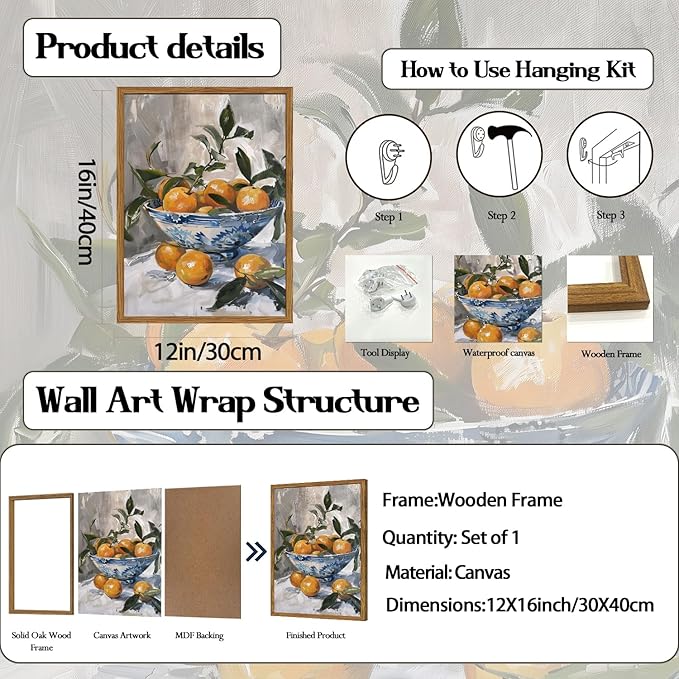 Framed Vintage Oranges Canvas Wall Art, Kitchen Pictures Wall Decor, Rustic Farmhouse Fruit Still Life Paintings Prints Cottagecore Home Decor for Living Room Dining Room 12x16 inch