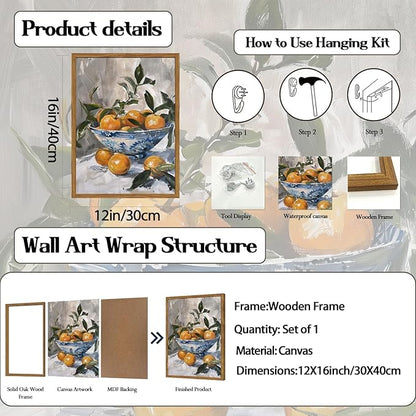 Framed Vintage Oranges Canvas Wall Art, Kitchen Pictures Wall Decor, Rustic Farmhouse Fruit Still Life Paintings Prints Cottagecore Home Decor for Living Room Dining Room 12x16 inch
