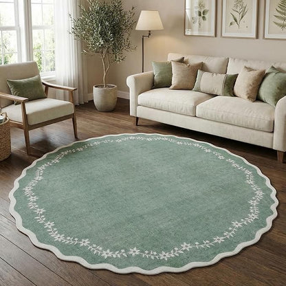 GarveeHome Round Area Rugs 6ft for Bedroom, Sage Green Washable Circle Rug Soft Non Slip Floral Print Floor Mat Leaves Carpet Indoor Thin Rug for Living Room Dining Room Playroom Nursery