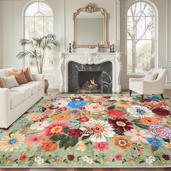 Green Living Room Rugs, Area Rugs 5x7 for Bedroom Ultra-Thin Soft, Non-Slip Washable Stain Resistant Boho Low-Pile Throw Rug for Dining Room Office (5 x 7, Green Garden)