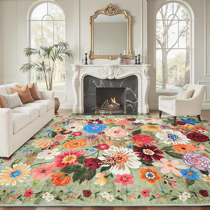 Green Living Room Rugs, Area Rugs 5x7 for Bedroom Ultra-Thin Soft, Non-Slip Washable Stain Resistant Boho Low-Pile Throw Rug for Dining Room Office (5 x 7, Green Garden)