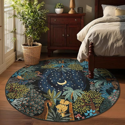 GarveeHome Round Area Rugs 4ft for Kids Room, Green Jungle Washable Circle Rug Soft Non Slip Forest Animal Print Floor Mat Tiger Carpet Indoor Thin Tent Rug for Bedroom Dining Room Playroom Nursery