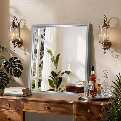 CIRCUMI 24"x30" Brushed Silver Mirror with Chunky Box Metal Frame, Bathroom Mirror for Vanity Remodel & New Home, Living Room, Entryway, Rectangular Wall Mirror, Tempered Glass, Vertical or Horizontal