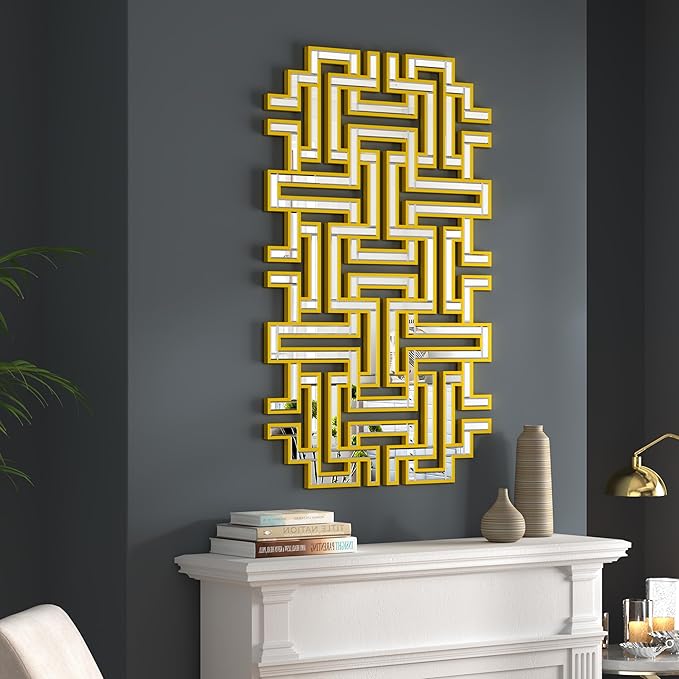 KOHROS Large Modern Gold Wall Mirror - 46.5"x30" Geometric Maze Design Decorative Mirror