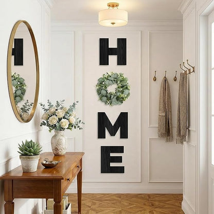 Pinkpum Wood Home Sign with Artificial Eucalyptus Wreath for O, Hanging Farmhouse Wall House Decor Wood Letters for Wall Art Rustic Home Decor, Wall Decor for Living Room Kitchen Entryway (Black)