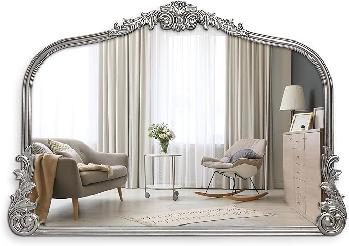 Wylde Iris English Estate Carved Arch Wood Wall Mirror, Mirror for Entryway, Living Room, Bathroom, Antique Silver, 26x37